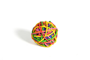 Close-up of colorful rubber band ball isolated on white background.