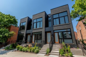 Fototapeta premium Minimalist black steel townhouse in Chicago with slate glass windows.