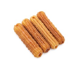 Fresh Golden Churros Neatly Arranged on White Background, Dusted with Sugar