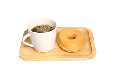 Close-up of a cup of coffee with Donuts on white background, afternoon coffee break.