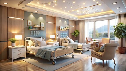 Fototapeta premium Spacious Healthcare Clinic Ward with Bokeh Effect: Two Hospital Beds and Cozy Seating Area for Comfort and Care