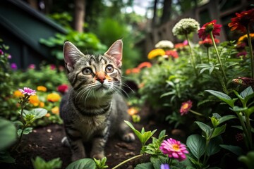 Adorable Tilt-Shift Photography of a Playful Cat Saying Hello in a Lush Garden Setting, Capturing the Charm and Whimsy of Feline Friendships in a Miniature World