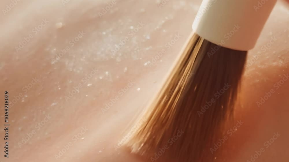 Poster Close-up video of a face as powder is applied with soft daylight and a gentle zoom effect, creating a soft matte finish.