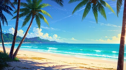 beach with palm trees anime style image 