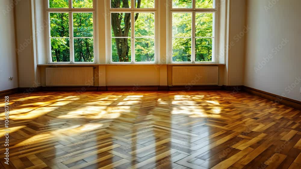 Poster sunlight streams through large windows, illuminating the polished wood floor of an empty room