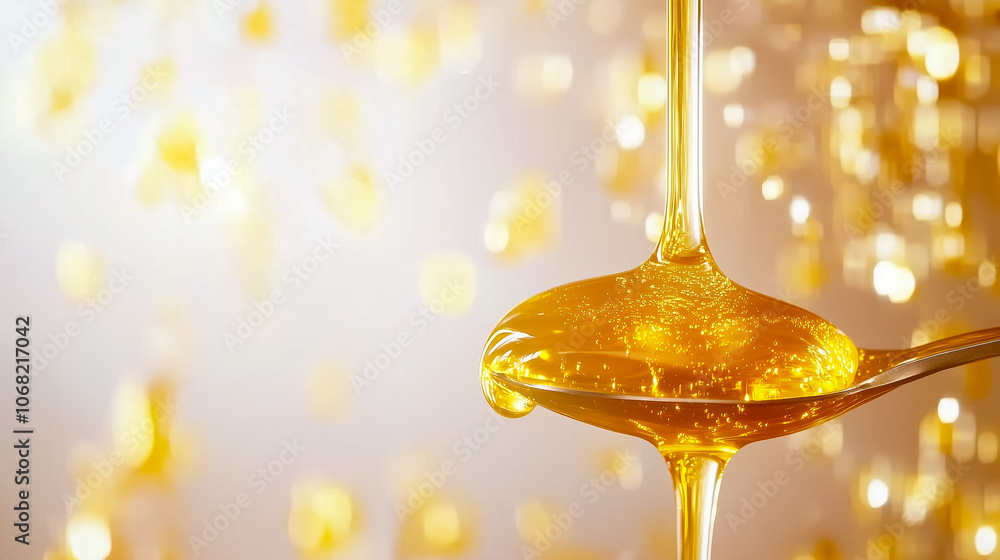 Poster honey flows smoothly from a spoon, catching light and creating a warm, inviting glow in the backgrou