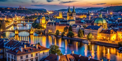 Fototapeta premium Aerial Nighttime View of Prague's Historic Old Town with Illuminated Architecture, Charming Streets, and River Reflections Creating a Stunning Travel Destination Scene