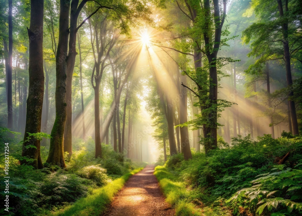 Poster sunbeams illuminating a misty forest path with lush greenery and tranquil atmosphere