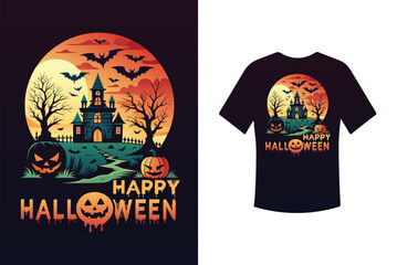 A Black T Shirt With A Pumpkin On The Front And The Words Happy Halloween