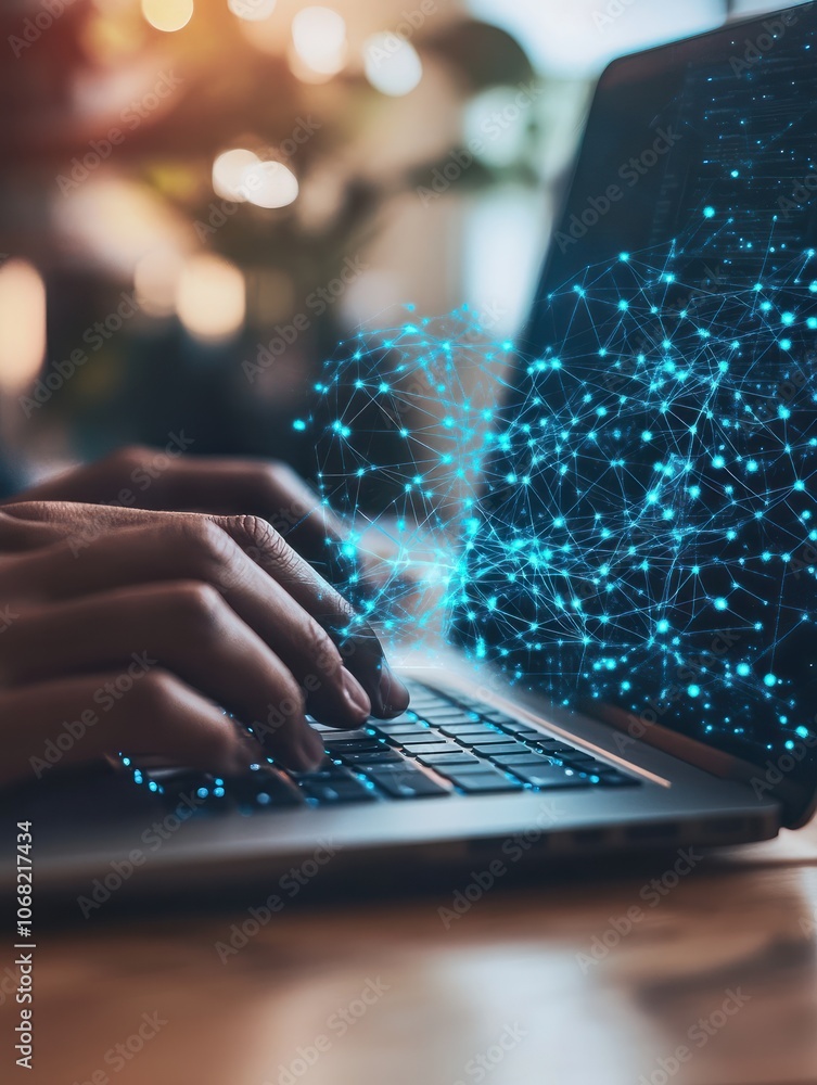 Poster close-up of hands typing on a laptop keyboard with glowing blue code on the screen.