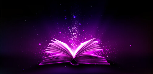 Open magic book radiating bright pink light with sparkling particles rising upward on dark background. Glowing pages spread enchanted illumination through starry space. Realistic fantasy literature.