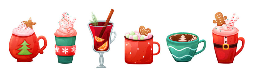 Set of Christmas hot chocolate drink and mulled wine in cute cup. Vector holiday illustration