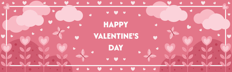 Valentine's Day banner design with hearts, clouds, and leaves. Vector illustration.