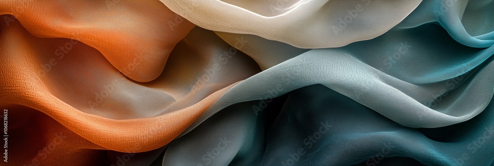 Poster A photo of an abstract composition with multiple layers of fabric in various shades, creating dynamic waves and shapes that suggest movement and depth.