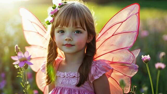 A young girl wearing pink fairy wings stands in a field of flowers, bathed in the golden light of the setting sun