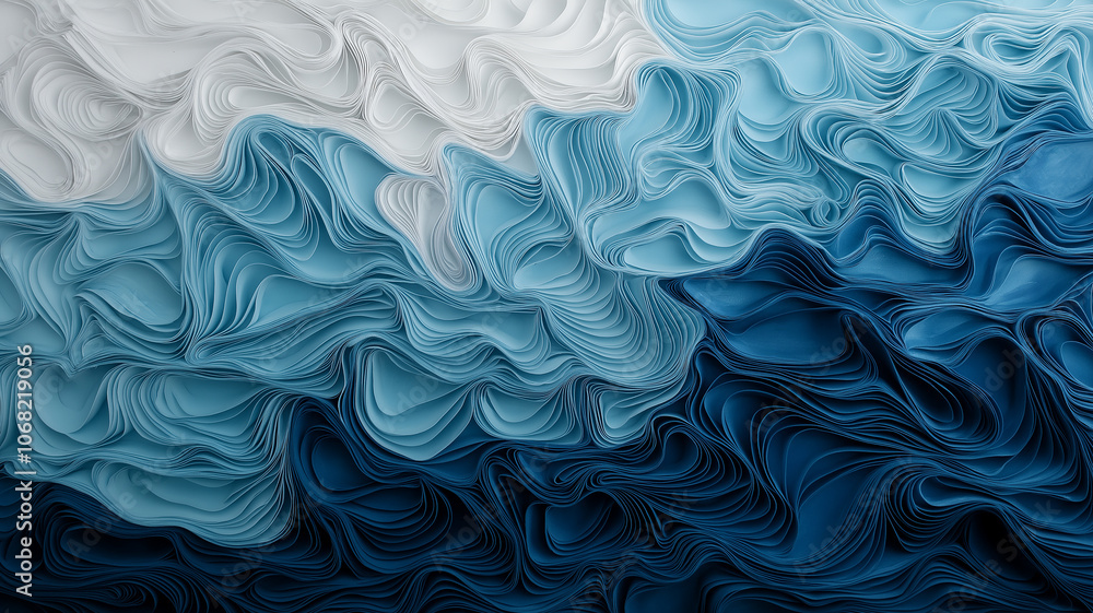 Poster gentle flowing shapes in muted blues and greens create serene and calming atmosphere, reminiscent of