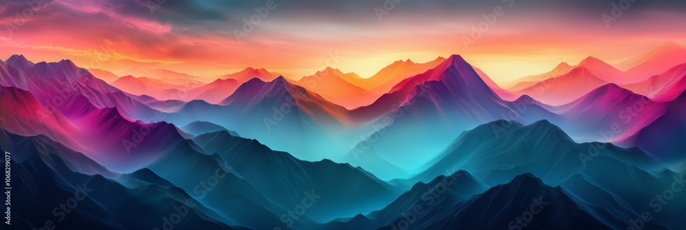 Poster abstract digital art of mountains, rendered in geometric shapes and colors. the background is a grad
