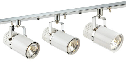 Modern White Track Lights on Metal Rail on White Background