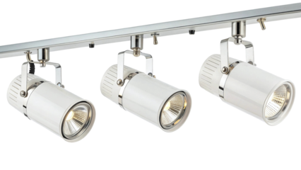Modern White Track Lights on Metal Rail on White Background