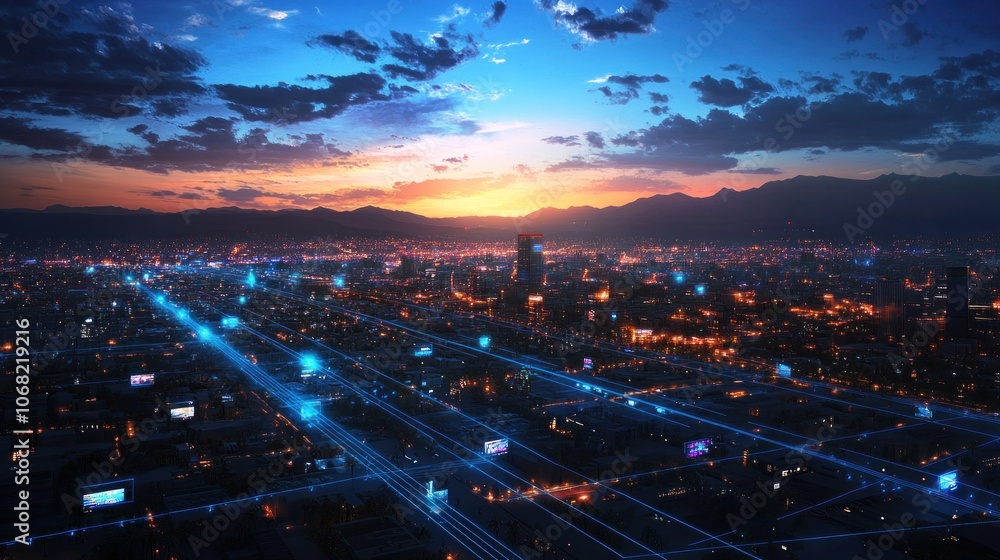 Poster aerial view of a city at sunset with glowing lines representing data and internet connections.