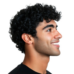 Side view portrait of young man with curly black hair on transparent background, isolated profile shot showing confidence and vibrant smile