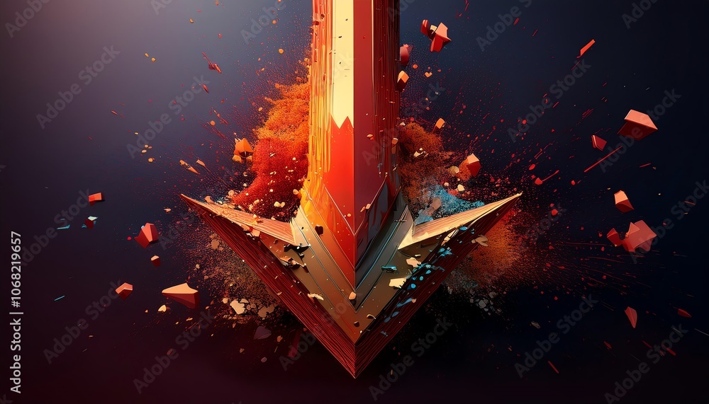 Poster a bold, dynamic design featuring an arrow breaking through particles, showcasing energy and movement