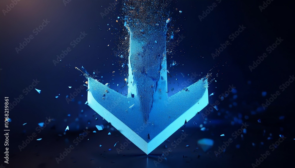 Poster a stylized blue downward arrow appears to disintegrate into particles against a dark background, cre