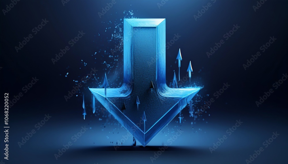 Poster a futuristic blue arrow symbolizing download, surrounded by particles, set against a dark background