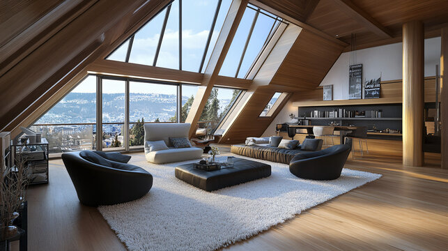 a luxury attic apartment with an open-plan living area, sophisticated decor, and stylish accents in a neutral color palette