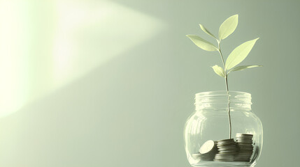 Glass jar filled with coins and a fresh plant sprout, symbolizing financial growth, with a soft green background and room for text