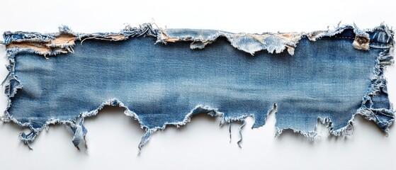 Obraz premium Ripped denim fabric with frayed edges isolated on white background.
