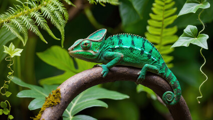 Focused macro of a chameleon on a branch, surrounded by green botanical elements.