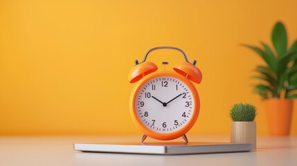 Brighten space with a vibrant orange alarm clock on a stylish desk