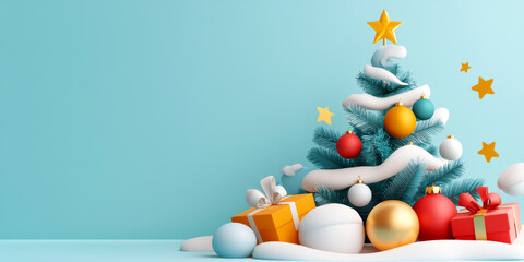 A festive Christmas tree adorned with colorful ornaments, presents, and a star, set against a light blue background.