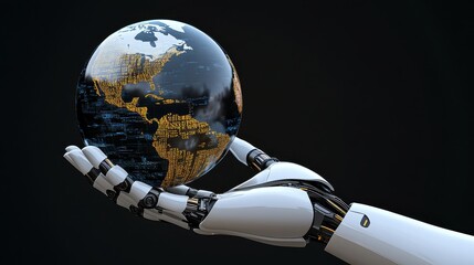 A robotic hand grasping the digital globe exploring the intersection of technology and globalization