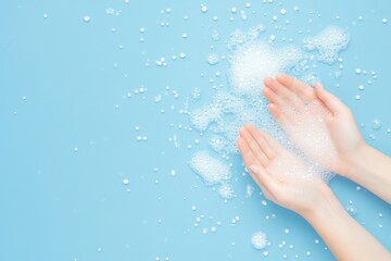 Fototapeta premium Closeup of Hands Creating Lather with Soap Bubbles on a Blue Surface for a Refreshing Clean Experience