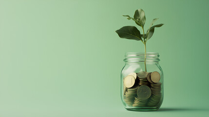 Clear jar full of coins with a green plant sprout emerging, representing financial growth, set on a soft green background with space for text