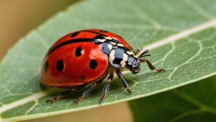 Fototapeta premium Close-up of a ladybug crawling on a leaf, showing its vibrant red shell in focus.