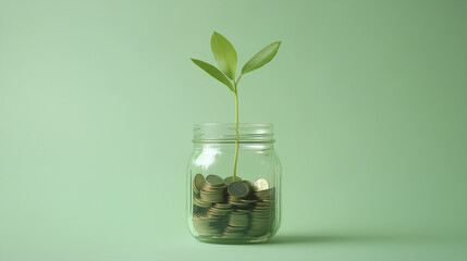 Clear jar full of coins with a green plant sprout emerging, representing financial growth, set on a soft green background with space for text