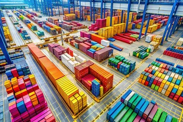 Obraz premium Aerial View of a Modern Warehouse with Organized Storage Racks and Shipping Containers in an Industrial Area, Showcasing Efficient Space Utilization and Inventory Management Techniques