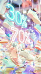 Neon sales percentages on sneakers indicate retail discounts, Black Friday, Cyber Monday concept