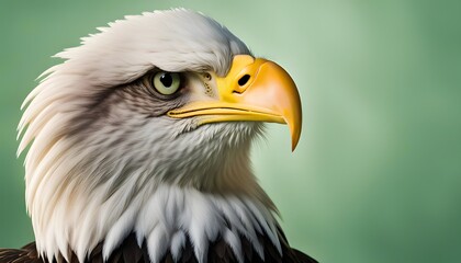 Fototapeta premium A close-up of a bald eagle's head and beak, with a green background.