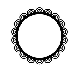 Scalloped edge circle frame. Simple round scalloped border. Fabric lace pattern frame. Repeat cute vintage frill ornament. Texture ribbon. Vector illustration isolated on white background.