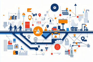 efficient collaboration of a project team, with synchronized clocks and task management tools, organized flow, flat vector illustration