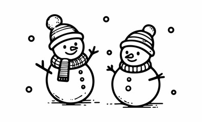Two snowmen wearing hats and scarves, cartoon illustration
