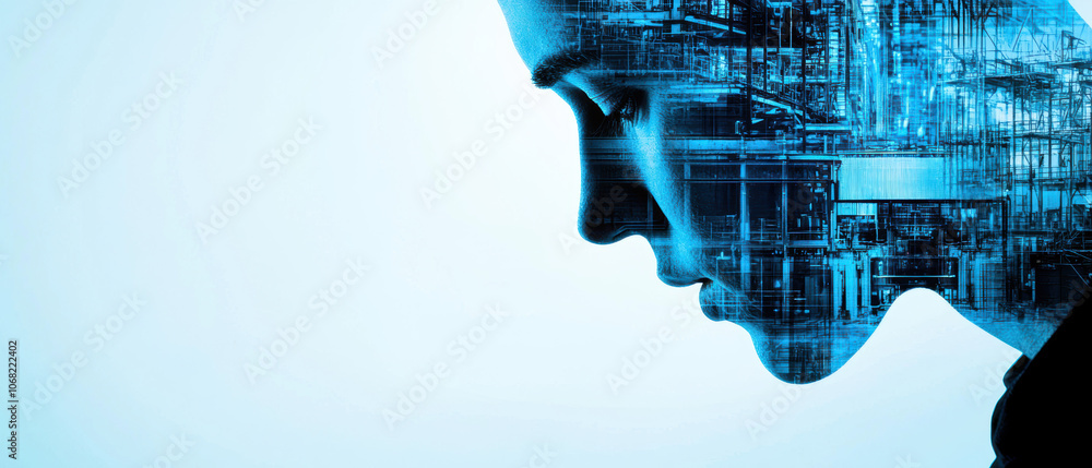 Poster a digital rendering of a human-like face in profile, infused with blue circuitry patterns, symbolizi