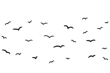 Bird silhouettes in grunge brush style. Flock of flying birds hand-drawn with thick markers and rough crayon strokes