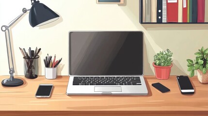 Male workspace with laptop, phone, and accessories on wooden table