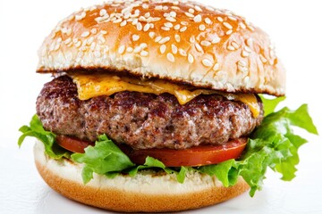 a classic hamburger with beef patty, lettuce, tomato, cheese, and sesame seed bun, juicy and delicious, perfect fast food, isolated on white background
