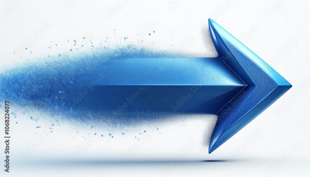 Poster a dynamic blue arrow disperses into particles, symbolizing movement, progress, and direction in a mi